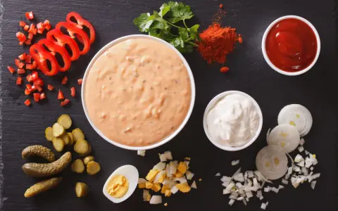 Składniki do sosu tysiąca wysp: majonez, ketchup, papryka, ogórki, jajko, cebula, natka.