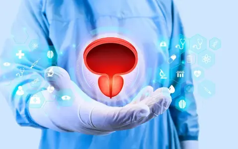 Dłoń w rękawiczce medycznej prezentuje pęcherz moczowy, symbolizując diagnostykę i rokowania w przypadku raka prostaty C61.