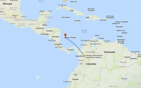 Trasa lotu z Medellín do San Andrés na mapie Ameryki Środkowej i Południowej.