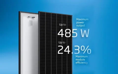 Två solpaneler från Trina Solar, en med baksidan synlig, visar upp till 485W effekt och 24.3% verkningsgrad.