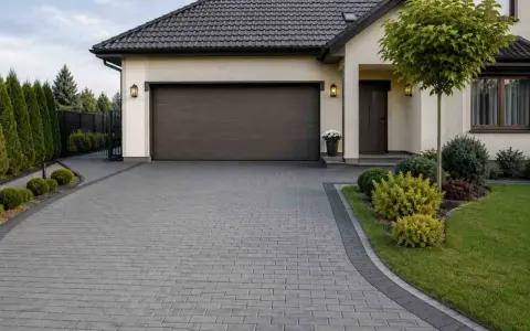 Nowy podjazd z kostki brukowej, który jest świetnym pomysłem na tani podjazd. Wokół domu zadbana zieleń i nowoczesny garaż.