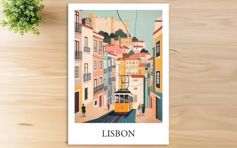 Bunte Häuserfassaden und eine gelbe Straßenbahn in Lissabon, einem Wahrzeichen Portugals. Oben thront die Burg São Jorge.