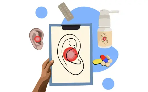 Ilustracja przedstawia sposoby na ból ucha: spray, tabletki i plaster.