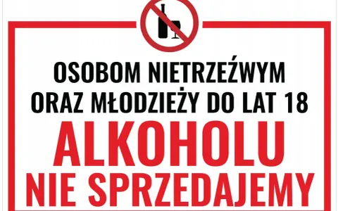 Znak zakazu sprzedaży alkoholu osobom nietrzeźwym i młodzieży poniżej 18 lat.