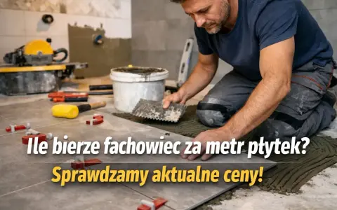 Fachowiec układa płytki, sprawdzamy, ile kosztuje kładzenie płytek za metr. Narzędzia i materiały budowlane w tle.