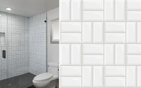 Modern bathroom with shower and toilet, showcasing creative formas de colocar azulejos rectangulares grandes en un patrón de espiga y ladrillo.