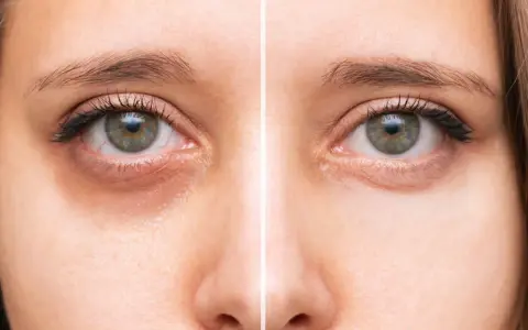 Comparaison avant/après : des yeux fatigués avec des cernes prononcés à des yeux reposés et lumineux.
