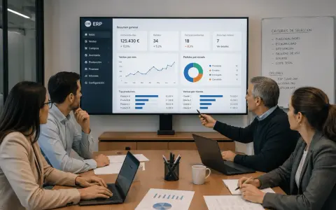 Equipo revisa métricas de ventas en pantalla, discutiendo opciones de proveedores de software ERP.