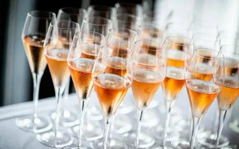 Reihe von Champagnergläsern mit Rosé-Champagner, bereit für den Genuss. So trinkt man Champagner: mit Stil und Freude.