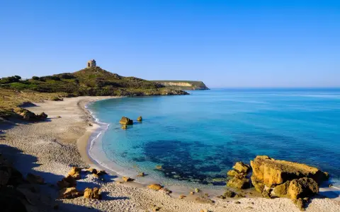 Spiaggia dorata e mare cristallino in un'area marina protetta, con una torre antica su una collina.