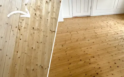 Före och efter-bild som visar hur man kan måla furugolv för att ge det nytt liv.
