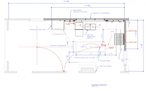 Detailed kitchen cabinet layout showing sink, island, stove, and fridge placement.