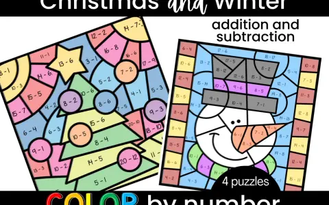 Addizioni e sottrazioni disegni da colorare con operazioni matematiche. Un albero di Natale e un pupazzo di neve composti da sezioni numerate per esercitarsi con i calcoli.