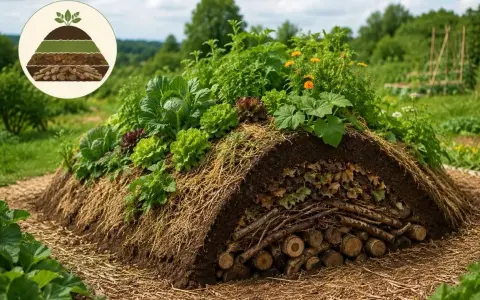 Hügelkultur : permaculture pour les nuls. Un monticule de terre et de bois, couvert de légumes variés, illustre les couches d'un jardin durable.