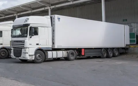 Biała naczepa chłodnicza z ciągnikiem DAF XF, gotowa do transportu.