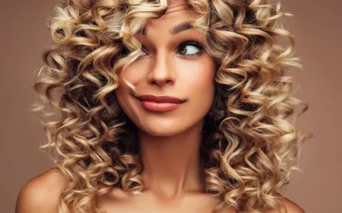 Kobieta z burzą blond loków do ramion. Jej fryzury włosy kręcone do ramion dodają jej uroku i pewności siebie.