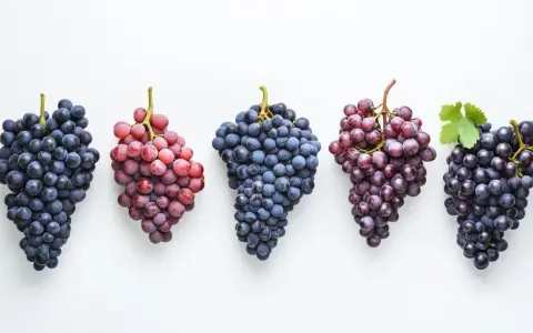 Cinq grappes de raisins, bleus et rouges, posées sur fond blanc. Le pinot noir est-il un vin rouge ? Ces raisins bleus foncés pourraient bien le confirmer.