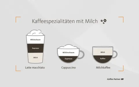 Latte macchiato, Cappuccino und Milchkaffee: drei Kaffeespezialitäten mit Milch, die sich in Schichten und Zubereitung unterscheiden.