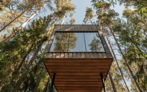 Ett modernt **wood hotel** i en svensk skog, med stora fönster som speglar träden.