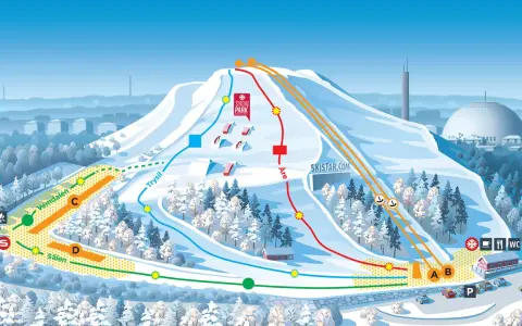 Karta över skidområden i Sverige med pister märkta Vemdalen, Sälen, Trysil och Åre. En snöpark finns på toppen.