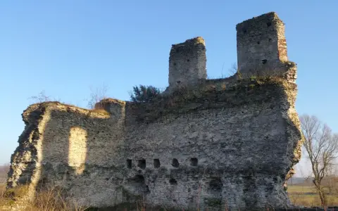 Kamienne ruiny zamku świętokrzyskie, zarośnięte trawą i krzewami, stoją dumnie pod błękitnym niebem.