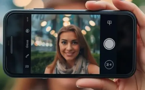 Una mujer sonríe mientras se toma un selfie. El fondo desenfocado con luces crea un efecto bokeh que es.