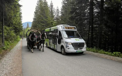 Konny zaprzęg i elektryczny bus na drodze do Morskiego Oka. Bilety na przejazd można kupić w kasie.
