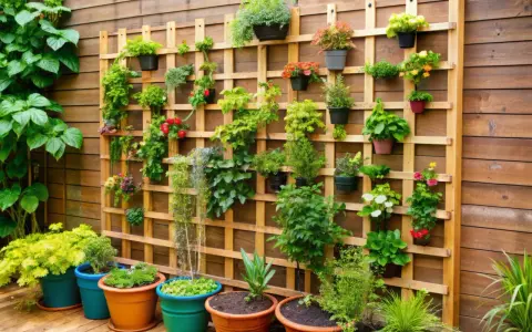 Un hermoso jardín vertical DIY con muchas plantas verdes y flores rojas y amarillas en macetas de colores, colgadas en una estructura de madera.