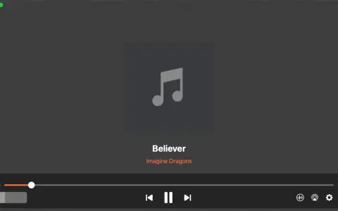 Aplikacja do słuchania muzyki odtwarza "Believer" Imagine Dragons. Widoczny jest pasek postępu i przyciski sterowania.