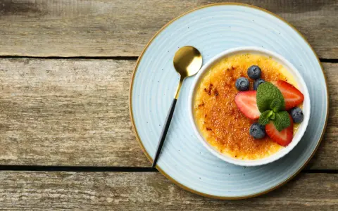 Idealny Crème Brûlée przepis na chrupiącą karmelizowaną skórkę i aksamitny krem. Udekorowany truskawkami, borówkami i miętą.