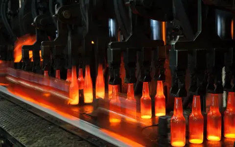 Botellas de vidrio al rojo vivo en una línea de producción, un proceso que nos recuerda quién inventó el cristal y cómo ha evolucionado.