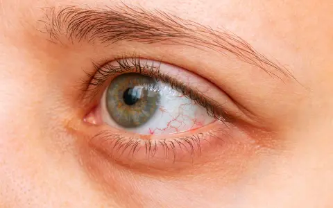 Occhi secchi di notte, con la sclera arrossata e capillari visibili. La palpebra inferiore appare leggermente gonfia.
