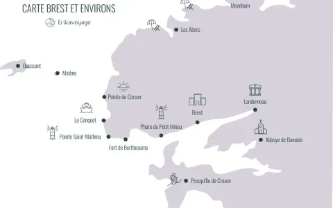 Carte stylisée de Brest et ses environs, montrant des lieux comme Ouessant, Molène, Le Conquet, Brest, et la Presqu'île de Crozon.
