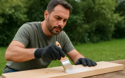 Uomo con guanti applica una mano di vernice bianca su un asse di legno grezzo, un passo essenziale nel trattamento legno grezzo per proteggerlo e abbellirlo.