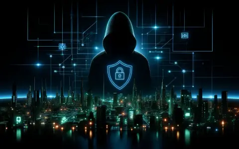 Silhouettenfigur mit Kapuze und einem Schild mit Schloss-Symbol, über einer futuristischen Stadt. Das Bild illustriert, was sind Hacker und die digitale Welt.