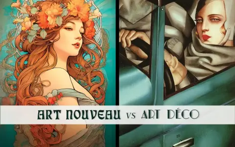 Comparaison entre l'art nouveau et l'art déco : une femme à la couronne de fleurs et une autre au volant d'une voiture.