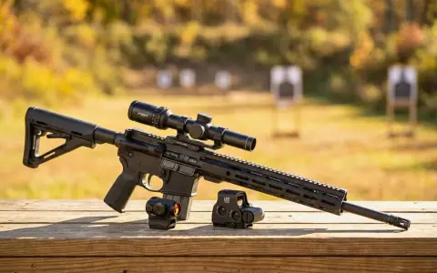 Karabin AR-15 z lunetą i dwoma kolimatorami na drewnianym stole, w tle cele strzeleckie.