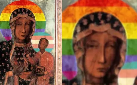Obraz Matki Boskiej z Dzieciątkiem w tęczowej aureoli i z symbolem osób transpłciowych. Czy to wino Maryjka ile procent?