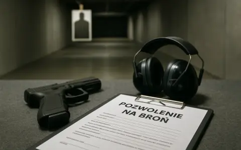 Pistolet, słuchawki i formularz "Pozwolenie na broń" na strzelnicy.