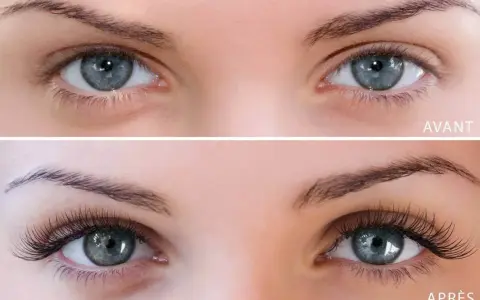 Avant/Après : des yeux bleus aux cils naturels, puis des cils longs et volumineux, posés cil à cil pour un regard de biche.