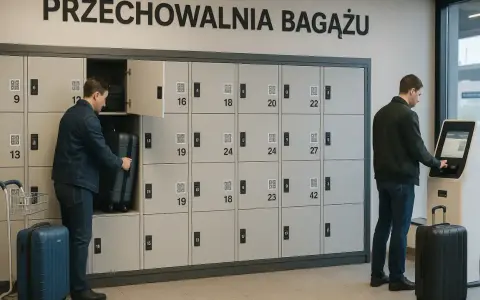 Nowoczesna przechowalnia bagażu Katowice PKP. Mężczyzna chowa walizkę do szafki, inny korzysta z terminala.
