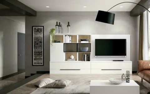 Estantería blanca moderna con TV, ideal como inspiración de colores para salones pequeños.