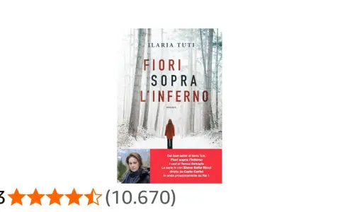 Copertina del libro "Fiori sopra l'inferno" di Ilaria Tuti. Una ragazza in rosso cammina in un bosco innevato. La trama del libro è un giallo avvincente.