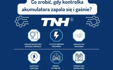 Grafika z poradnikiem: co zrobić, gdy kontrolka akumulatora zapala się i gaśnie. Wskazówki obejmują sprawdzenie napięcia, przewodów, paska alternatora, naprawę alternatora i stan akumulatora.