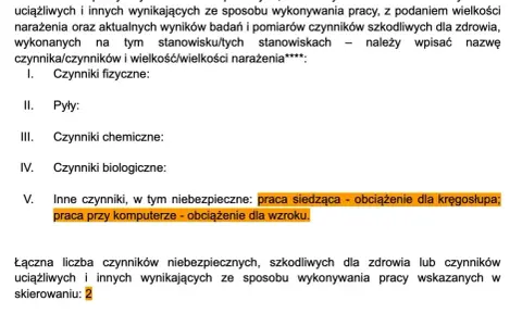 Skierowanie na badania lekarskie: opis czynników szkodliwych w pracy, w tym praca siedząca i przy komputerze.