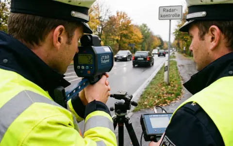 Polizisten mit Warnwesten und Kappen messen mit einem Laser-Blitzer die Geschwindigkeit vorbeifahrender Autos.