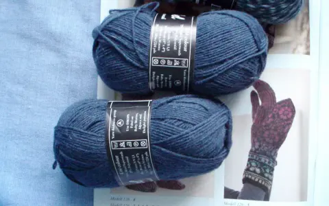 Two balls of dark blue yarn and a knitted glove with a floral pattern.