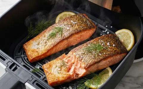 Zwei saftige Lachsfilets mit knuspriger Haut, garniert mit Dill und Zitrone, dampfen im Airfryer.