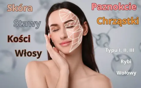 Kobieta z geometrycznym wzorem na twarzy, otoczona słowami: Skóra, Stawy, Kości, Włosy, Paznokcie, Chrząstki. Kolagen właściwości dla całego ciała.