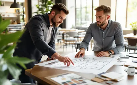 Deux hommes discutent d'un plan d'architecte, évoquant une époque de restauration et de renouveau.